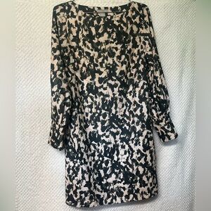 H&M Womens Shift Dress Black Green and Cream Patterned Long Sleeve Dress Small